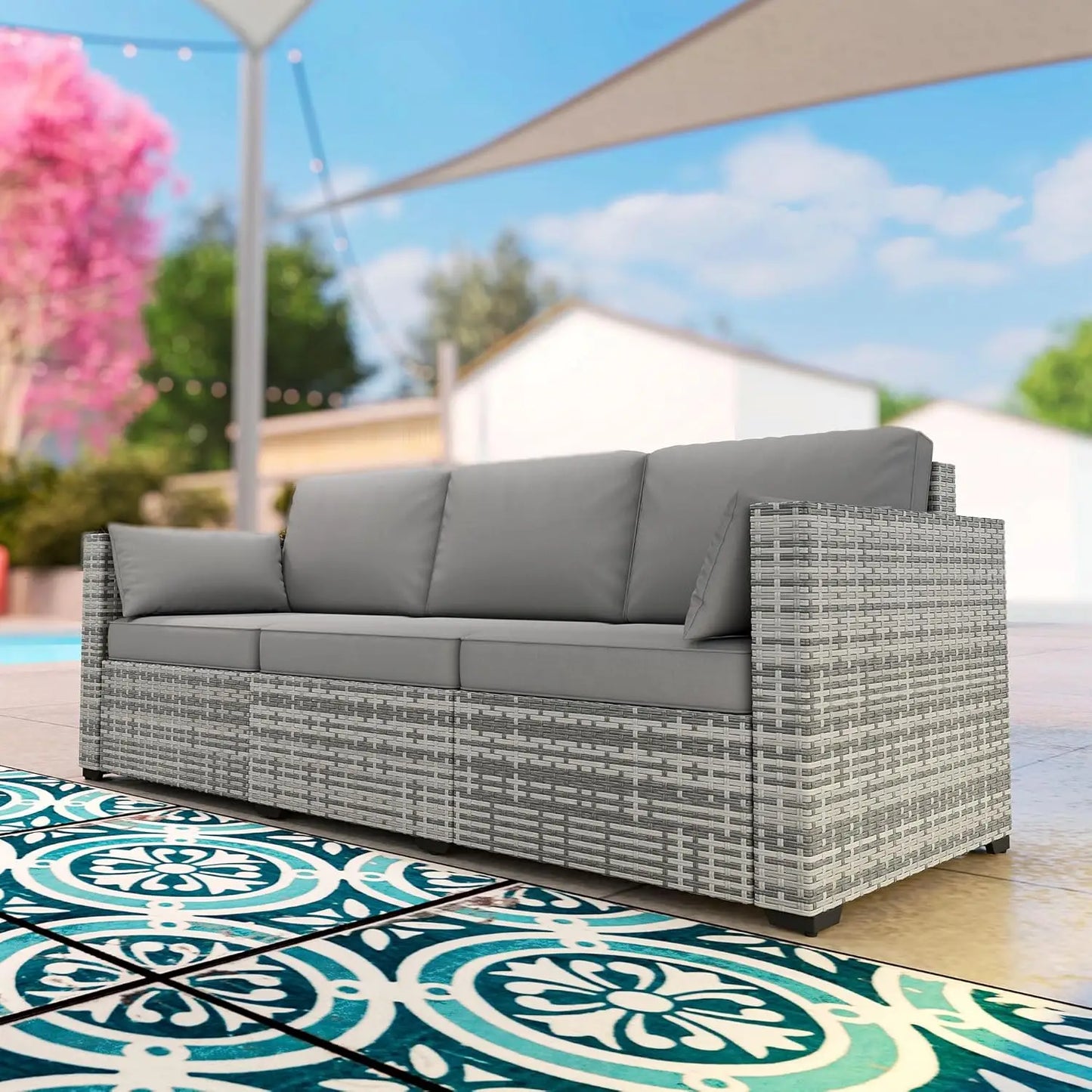 3-Seater PE Wicker Outdoor Patio Sofa with Cushions