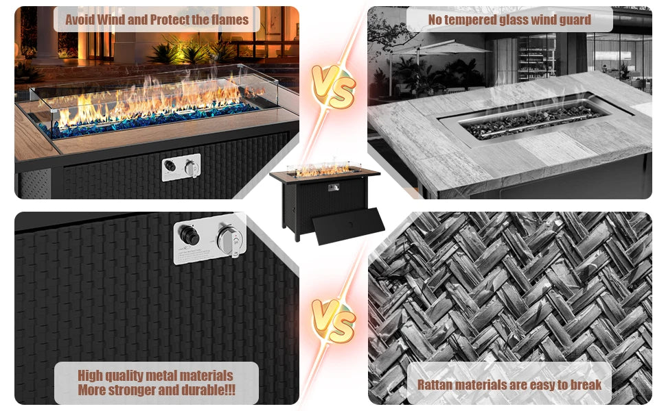 Walnut 45" Outdoor Propane Fire Pit Table with Glass Wind Guard, 50,000 BTU