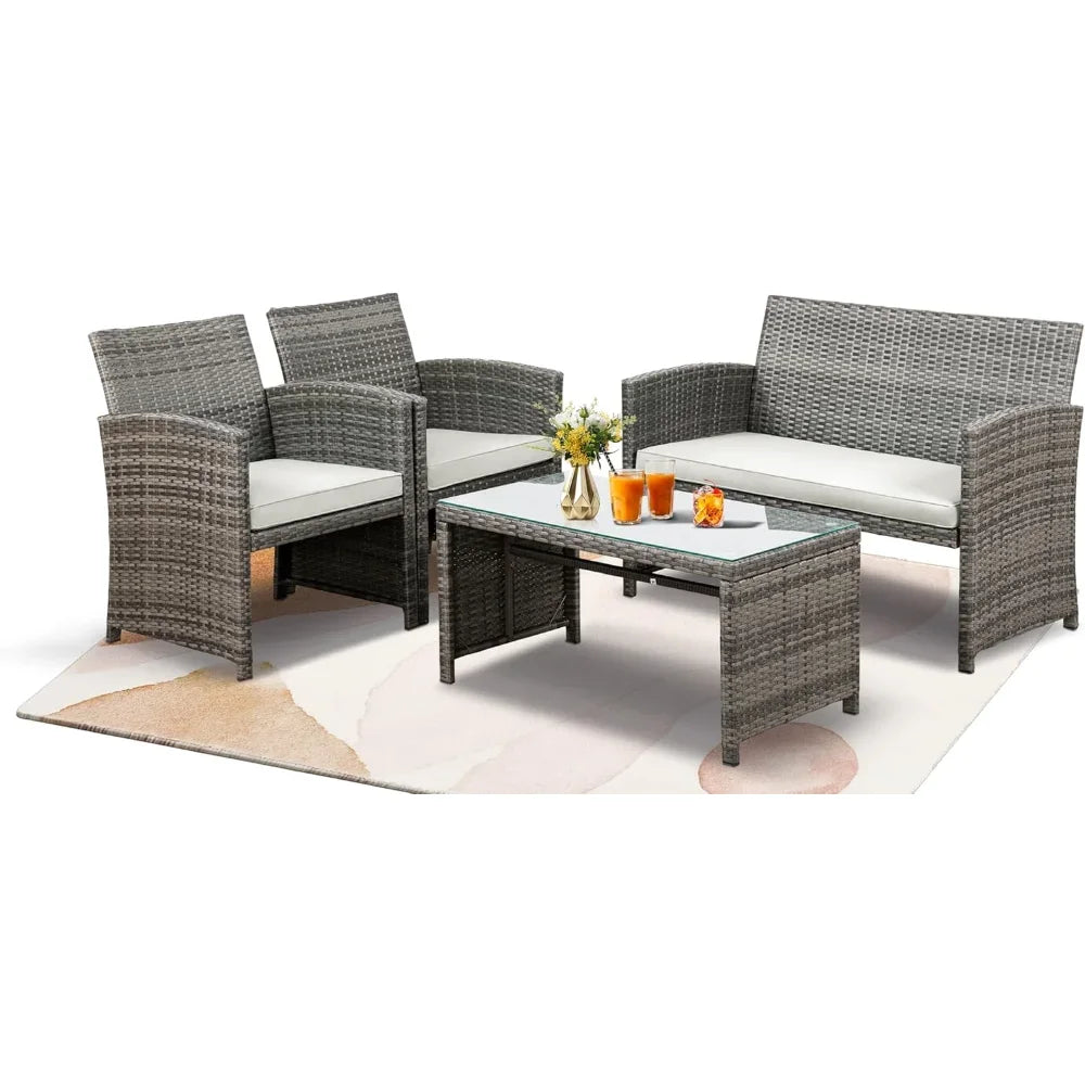 Multi-Piece Rattan Patio Conversation Set with Glass Table