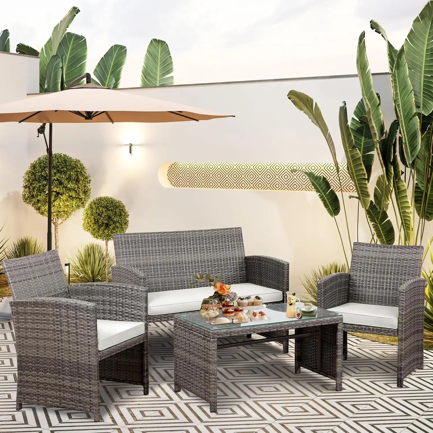 Multi-Piece Rattan Patio Conversation Set with Glass Table