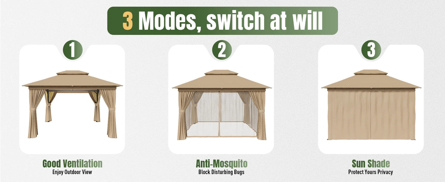 10x12 Outdoor Metal Gazebo with Double Roof & Mosquito Netting