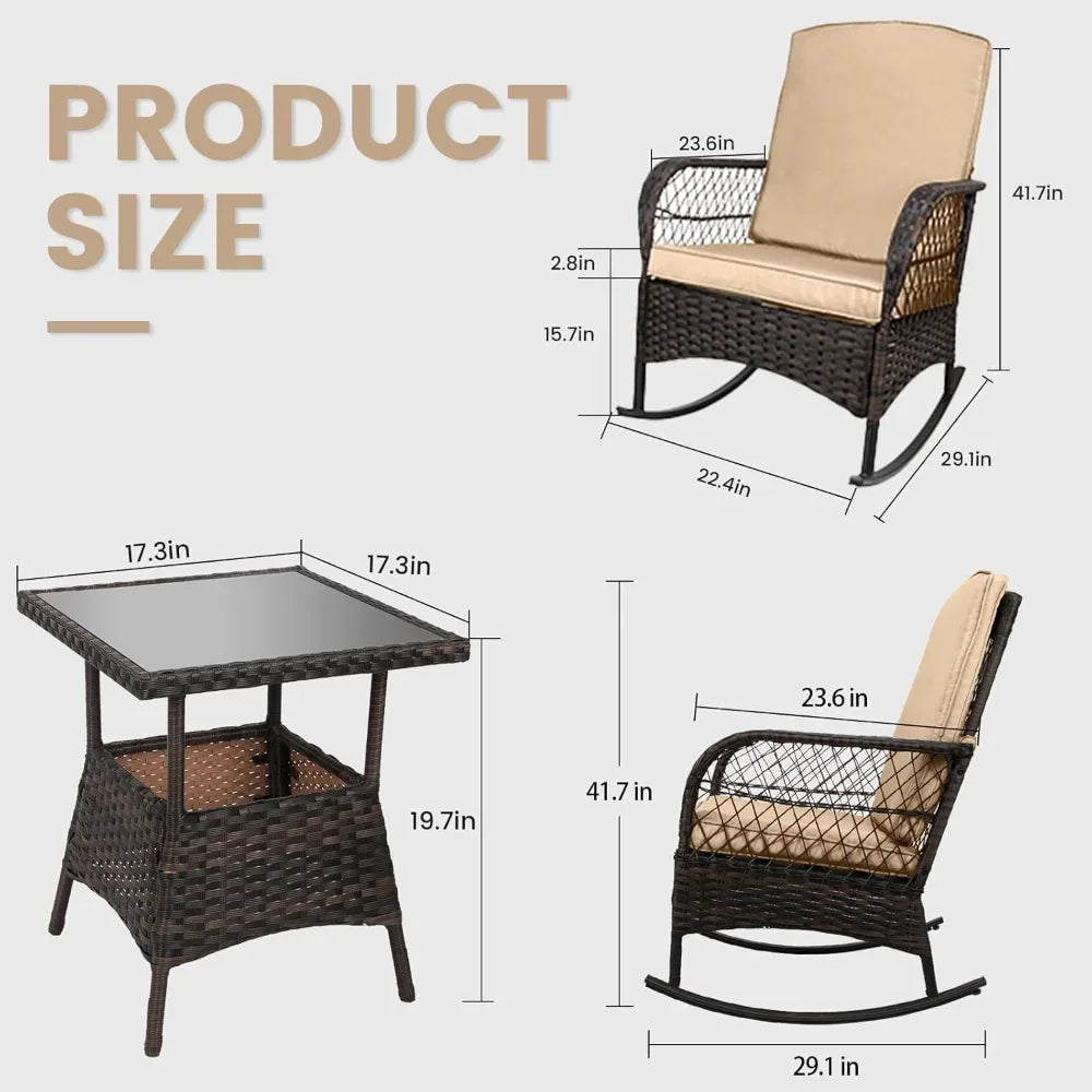 3 pcs Rocking Bistro Set Conversation Chairs PE Wicker Outdoor Chairs