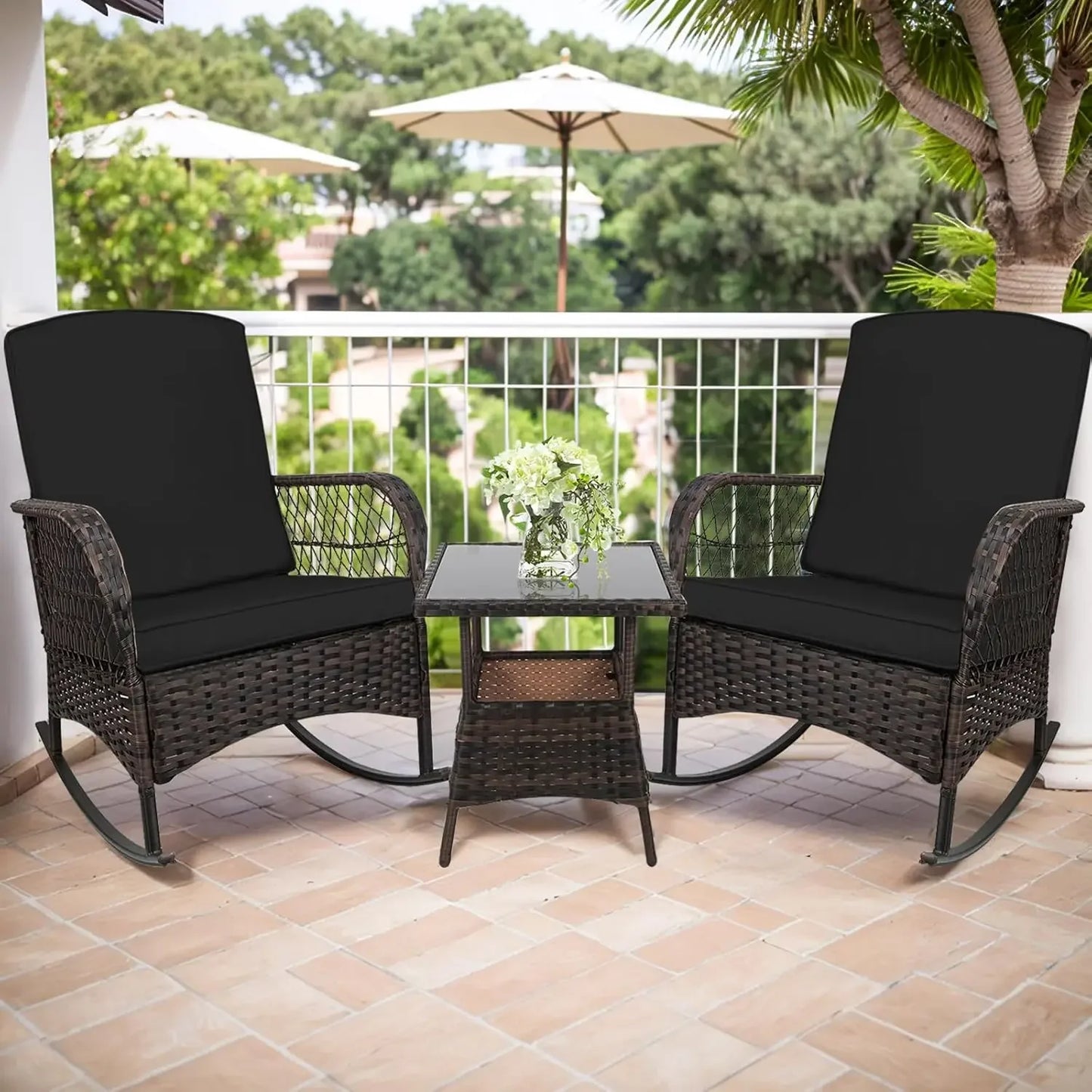 3 pcs Rocking Bistro Set Conversation Chairs PE Wicker Outdoor Chairs
