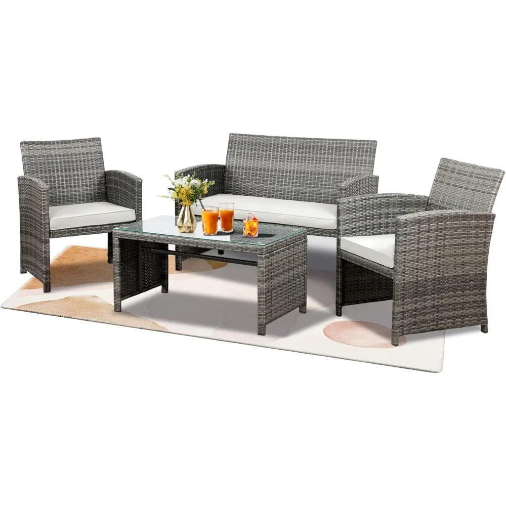 Multi-Piece Rattan Patio Conversation Set with Glass Table