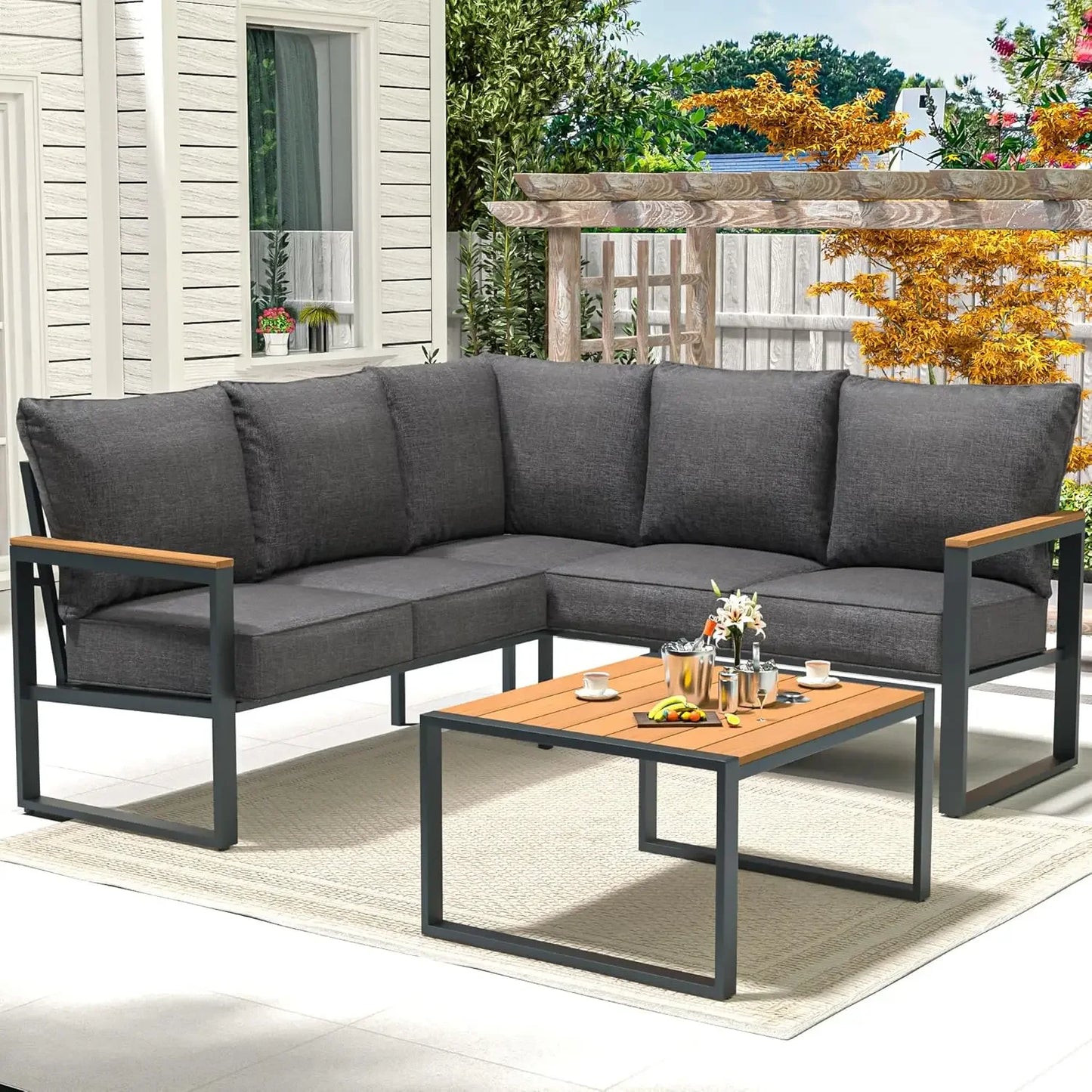 6-Piece L-Shaped Outdoor Sectional Set with Side Table