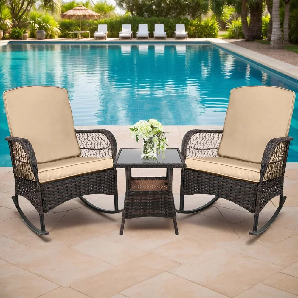 3 pcs Rocking Bistro Set Conversation Chairs PE Wicker Outdoor Chairs