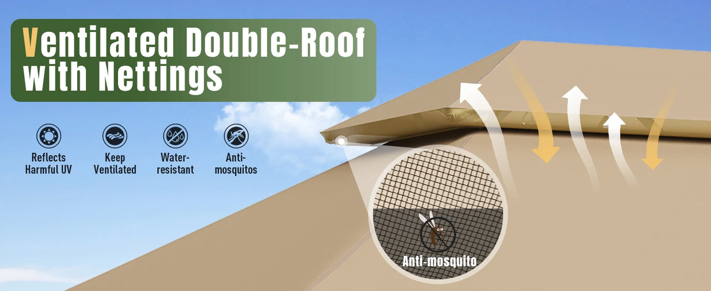10x12 Outdoor Metal Gazebo with Double Roof & Mosquito Netting