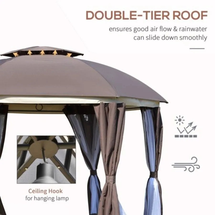 12ft Round Patio Dome Gazebo with Double Roof & Curtains