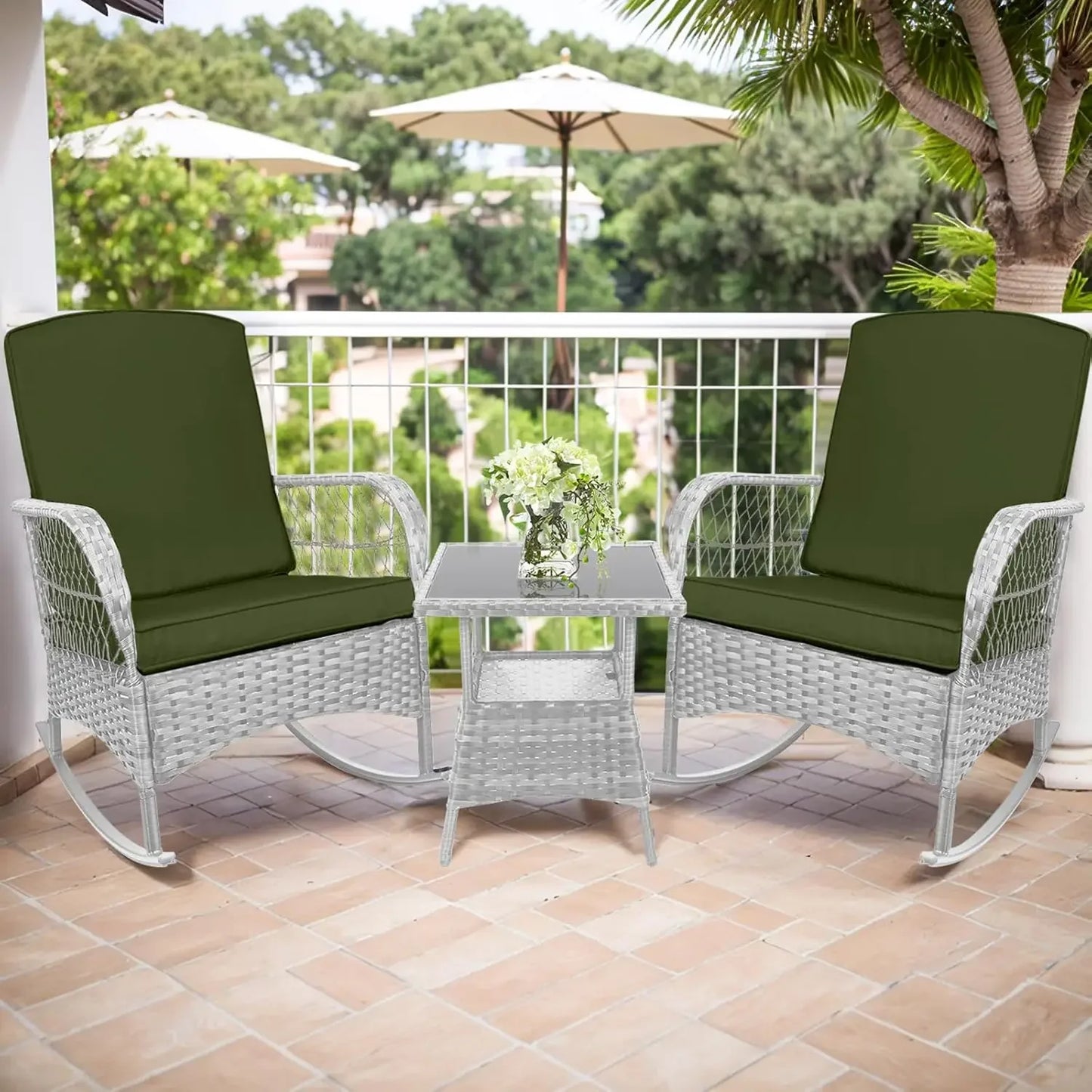 3 pcs Rocking Bistro Set Conversation Chairs PE Wicker Outdoor Chairs