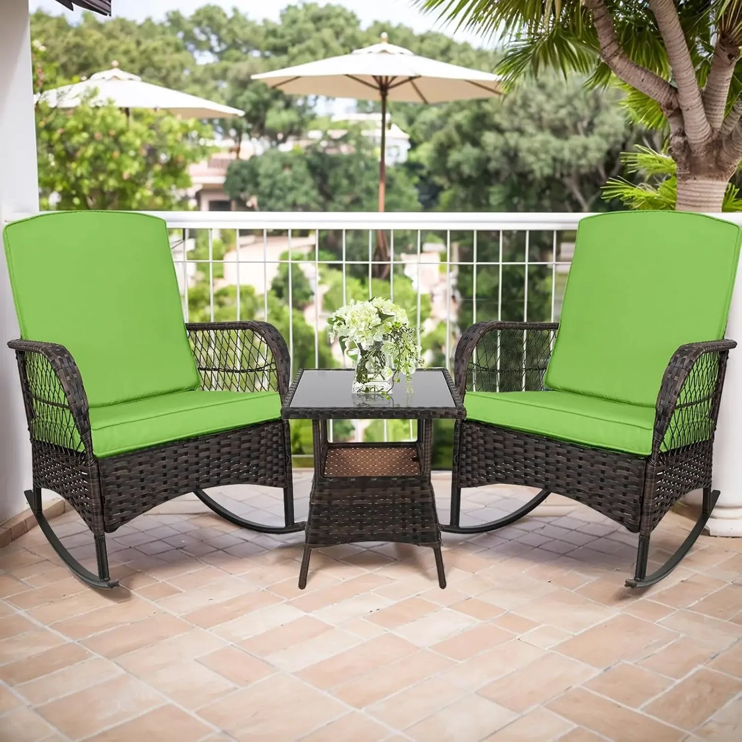 3 pcs Rocking Bistro Set Conversation Chairs PE Wicker Outdoor Chairs