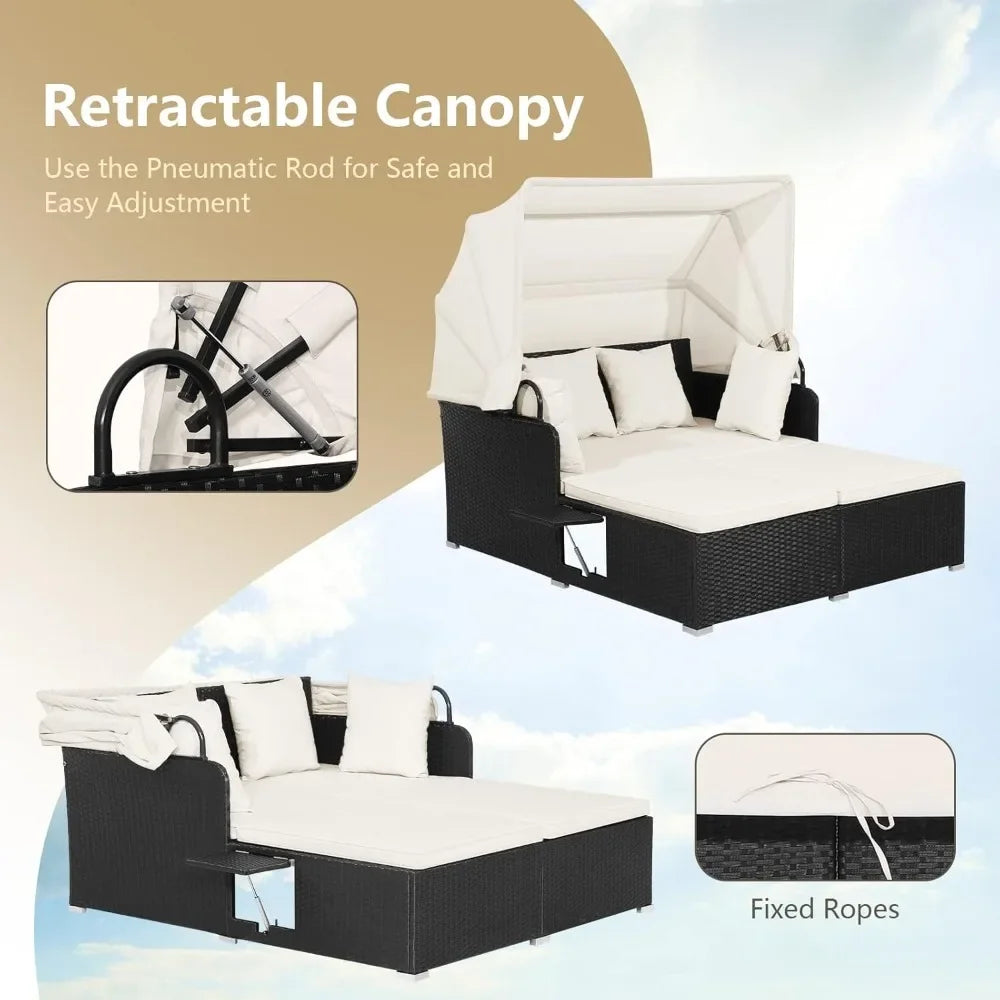 2-Person Wicker Outdoor Daybed with Canopy & Side Trays