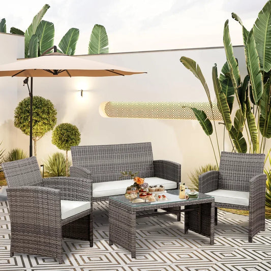 Multi-Piece Rattan Patio Conversation Set with Glass Table