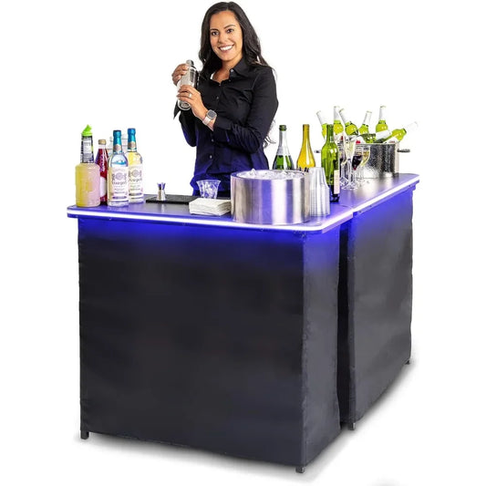 Portable Double Bar Table Set with Multi-Color LED Lights with Carrying Case