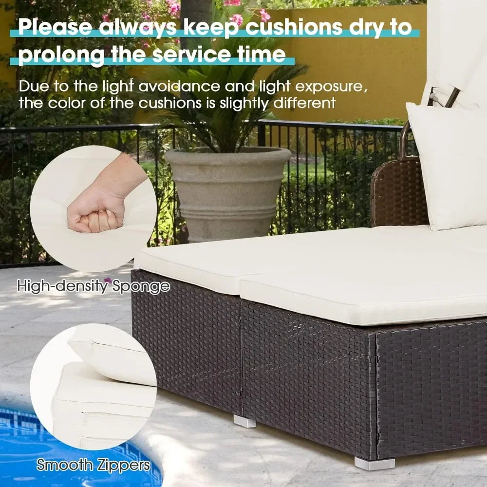 2-Person Wicker Outdoor Daybed with Canopy & Side Trays