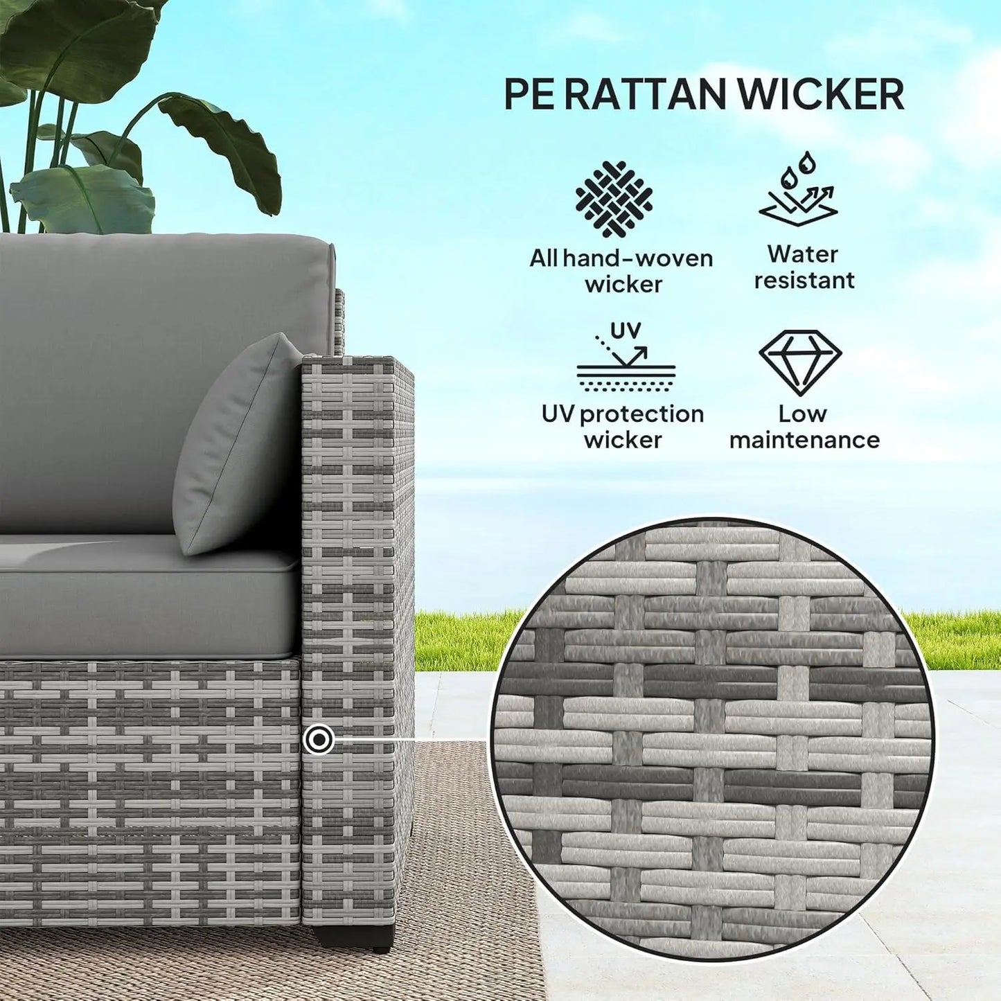 3-Seater PE Wicker Outdoor Patio Sofa with Cushions