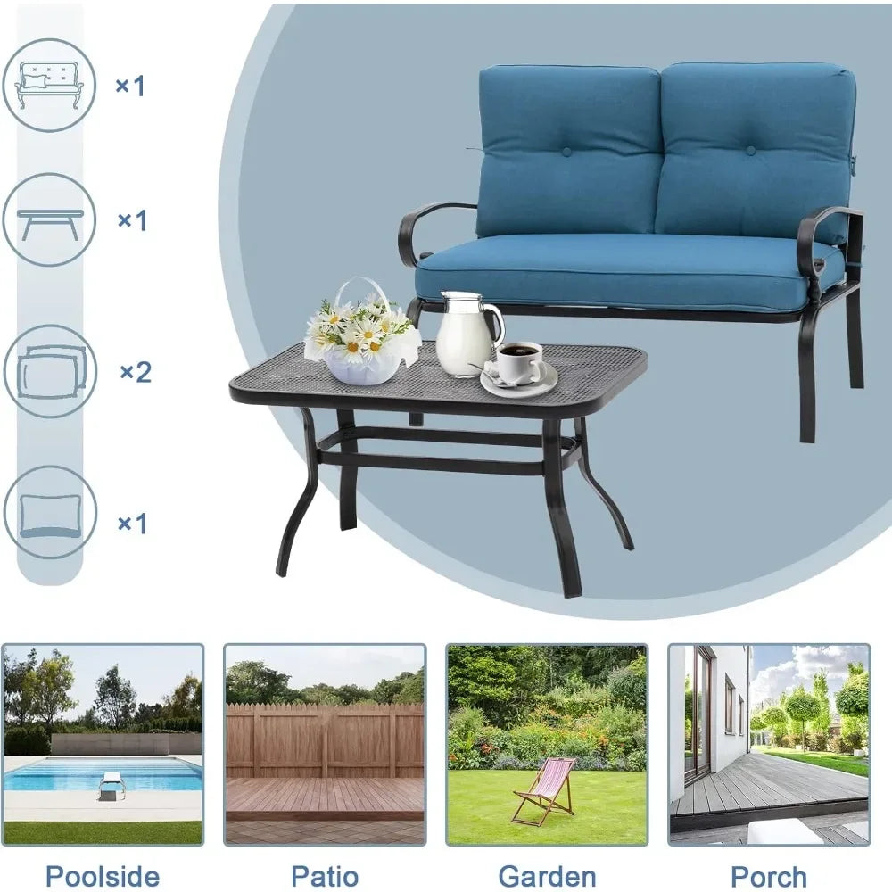 2-Piece Wrought Iron Patio Loveseat Set with Coffee Table