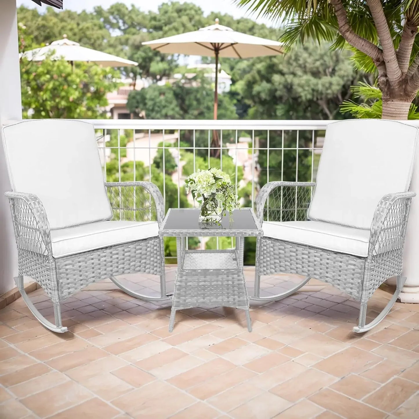 3 pcs Rocking Bistro Set Conversation Chairs PE Wicker Outdoor Chairs