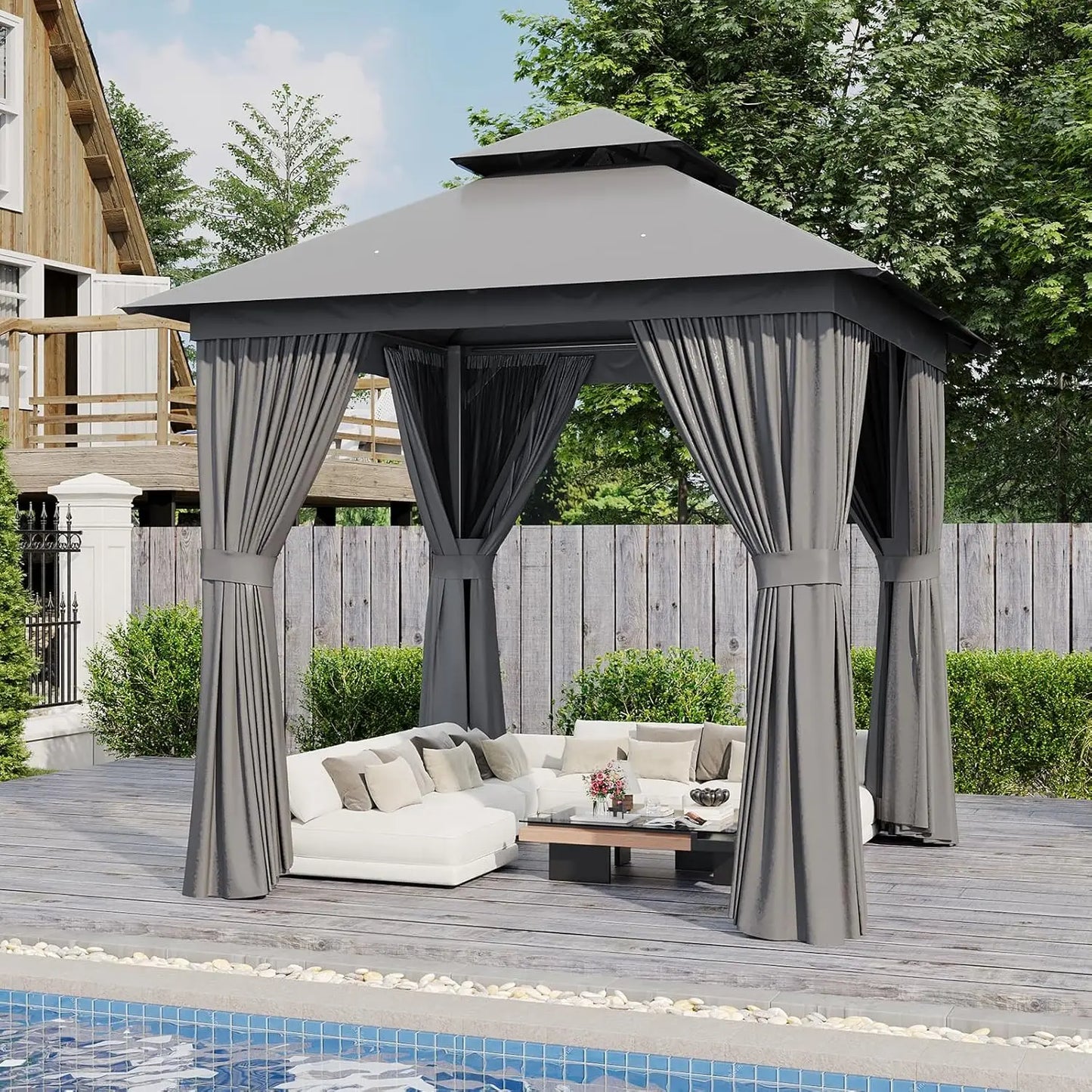 10x12 Outdoor Metal Gazebo with Double Roof & Mosquito Netting