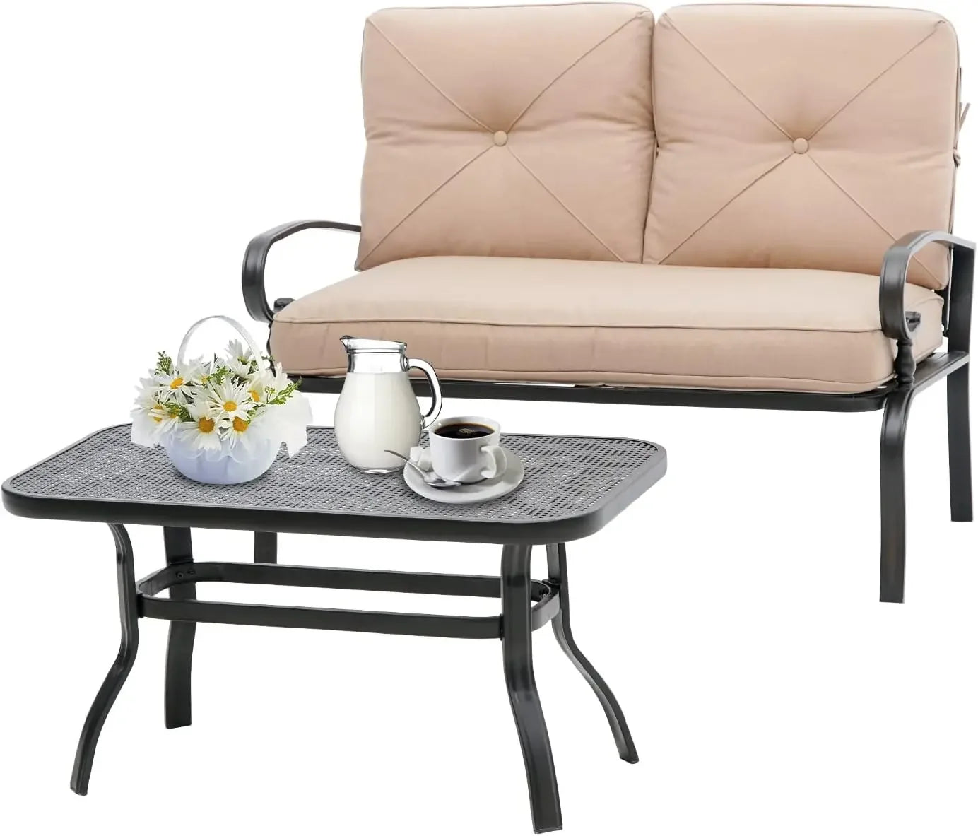 2-Piece Wrought Iron Patio Loveseat Set with Coffee Table