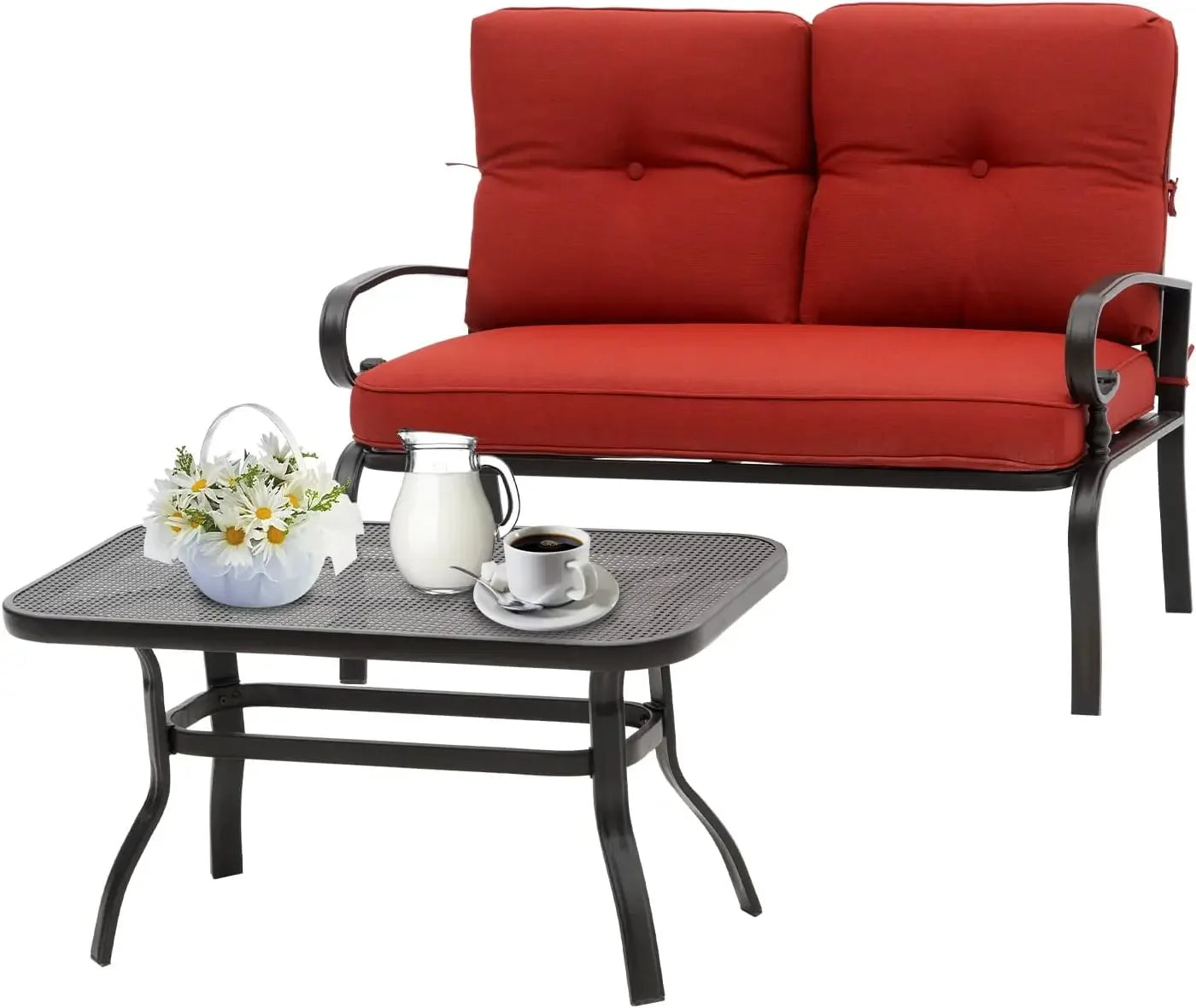2-Piece Wrought Iron Patio Loveseat Set with Coffee Table