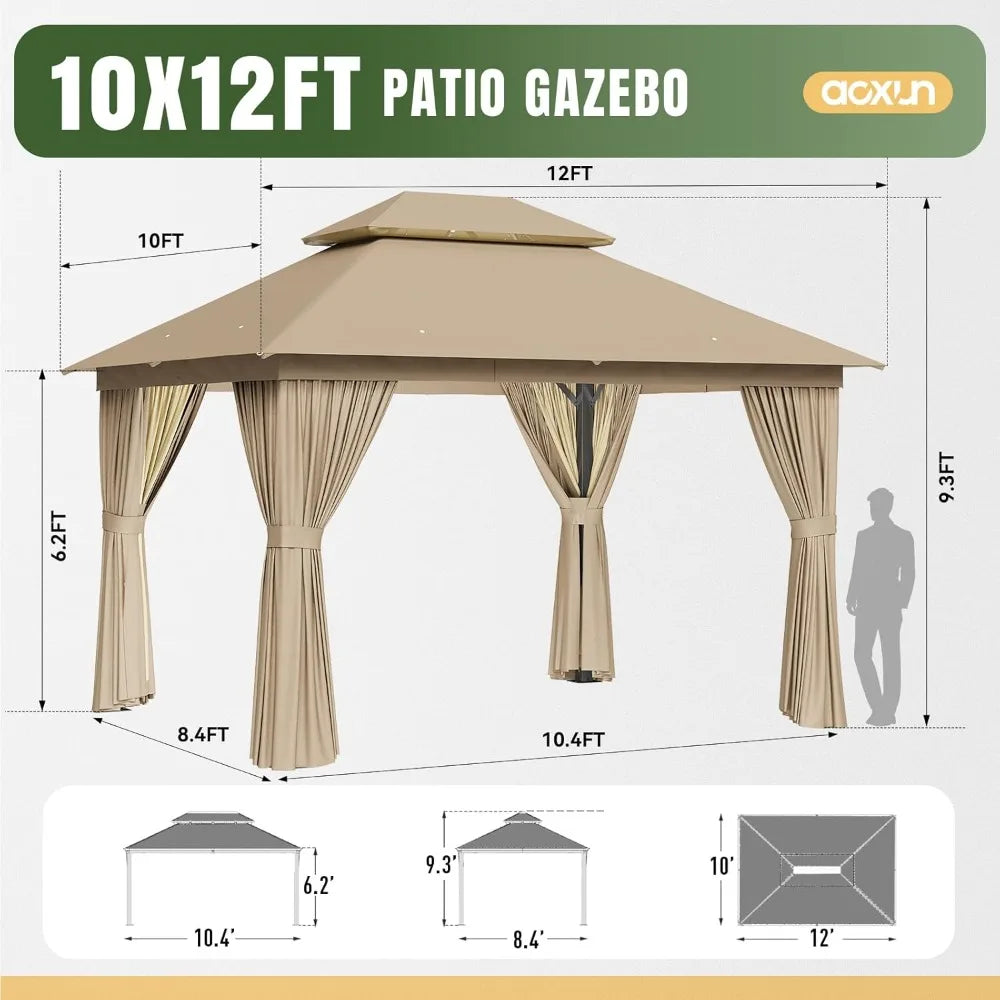 10x12 Outdoor Metal Gazebo with Double Roof & Mosquito Netting