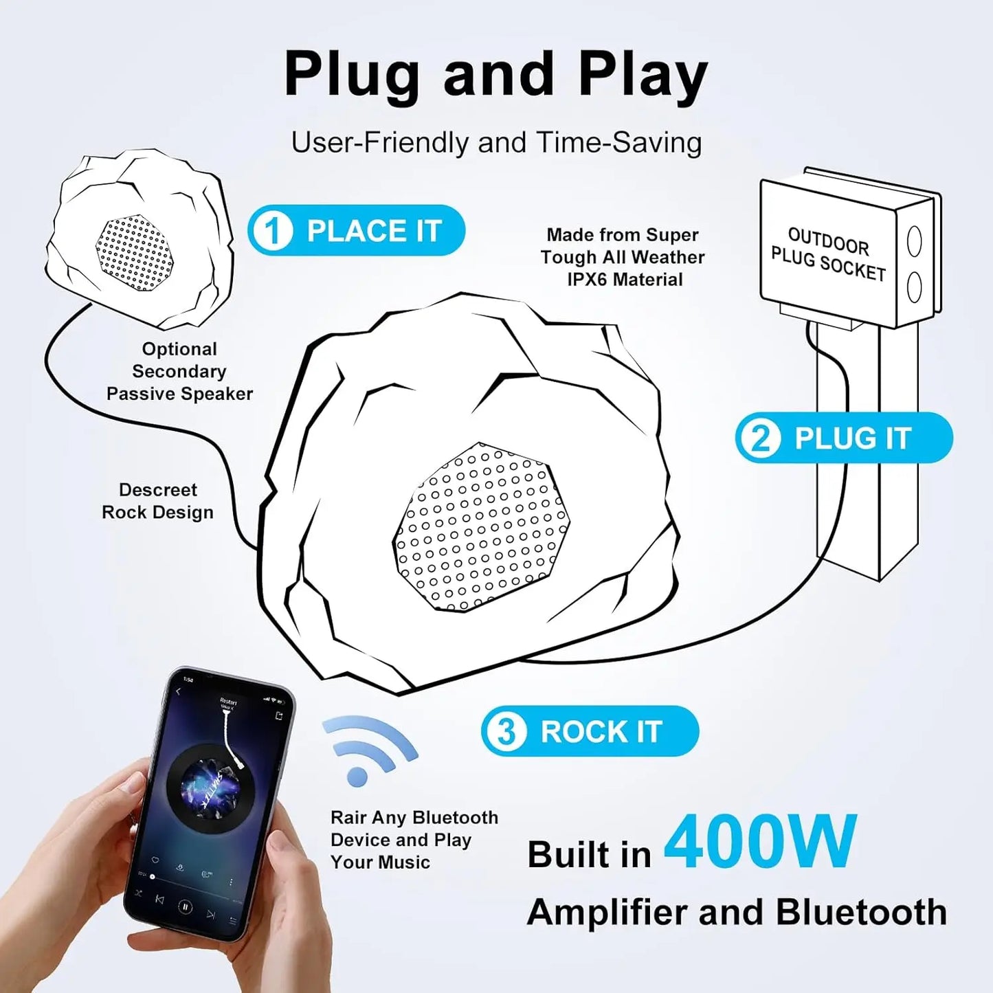 Herdio 8" 600W Outdoor Bluetooth Rock Speakers (Pair)