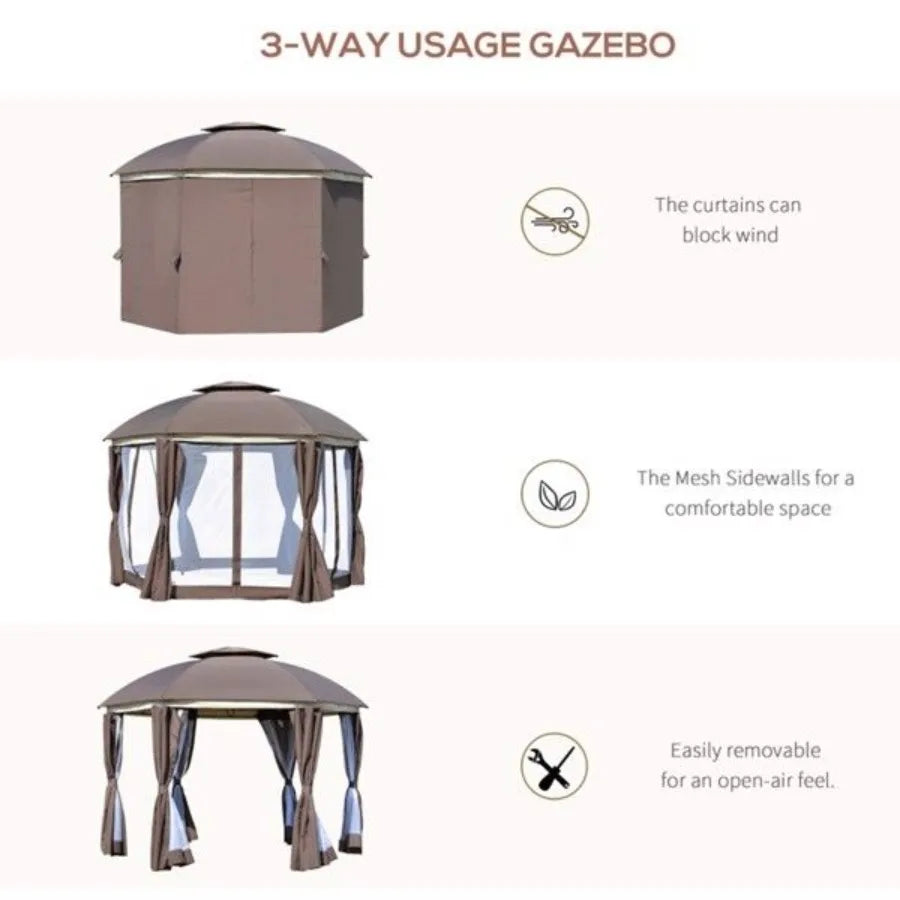 12ft Round Patio Dome Gazebo with Double Roof & Curtains