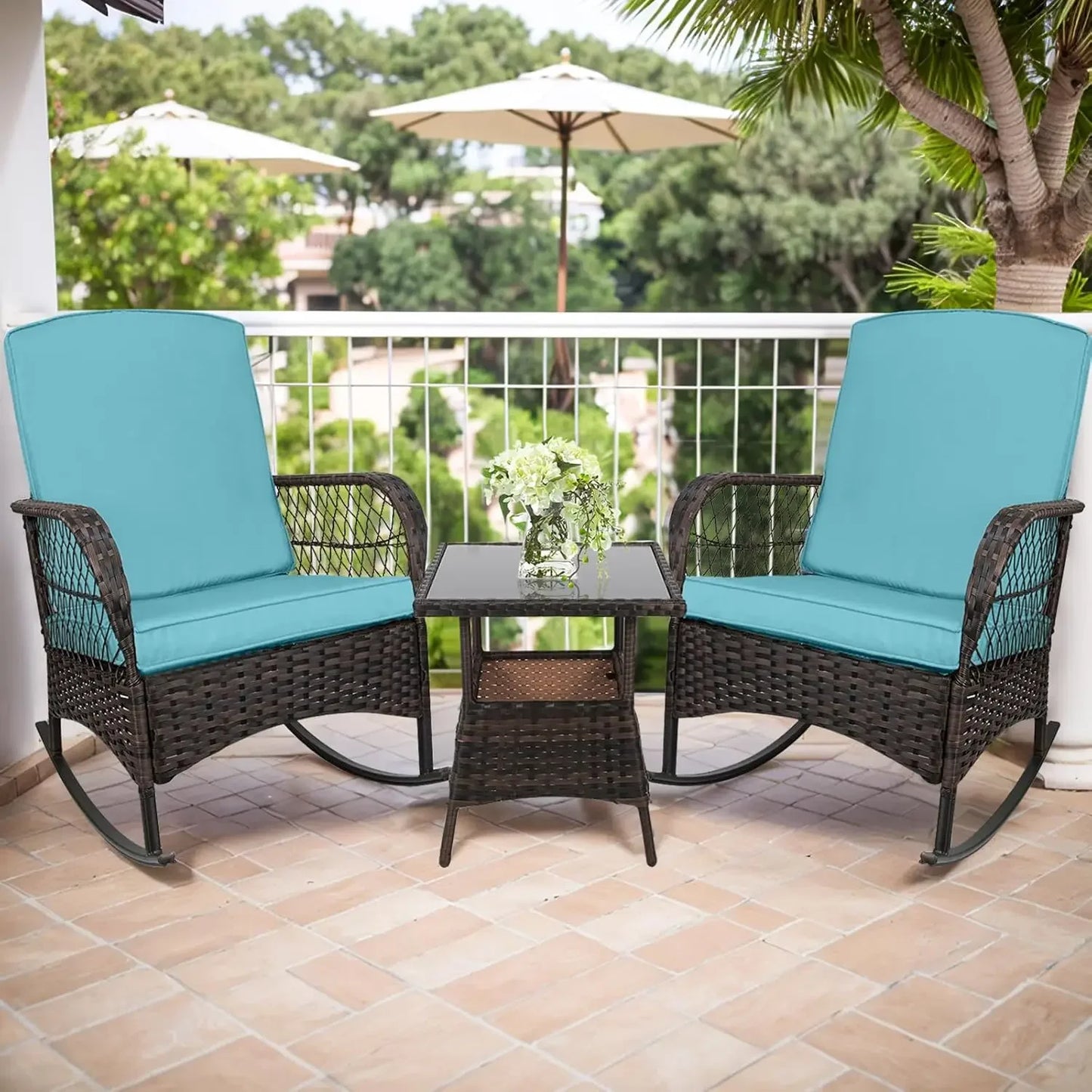 3 pcs Rocking Bistro Set Conversation Chairs PE Wicker Outdoor Chairs