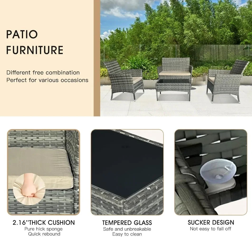 4-Piece Gray Wicker Patio Set with Sofa, Chairs & Side Table