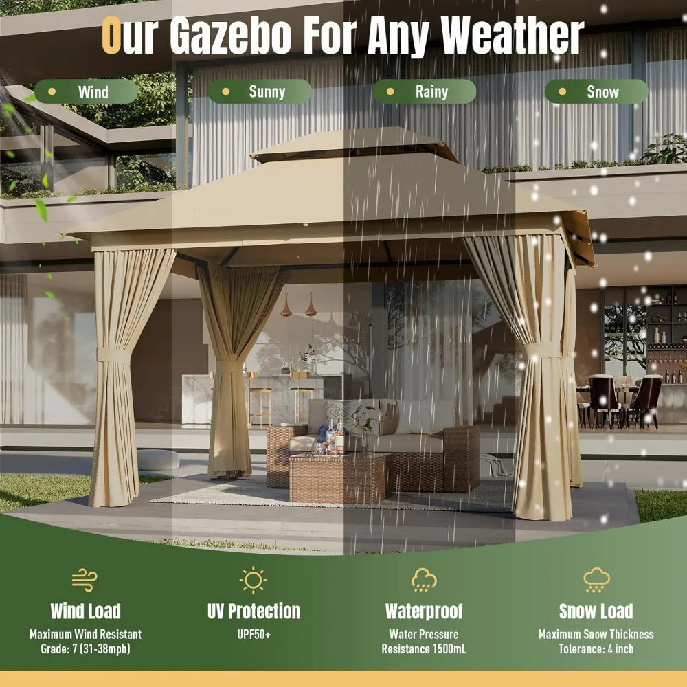 10x12 Outdoor Metal Gazebo with Double Roof & Mosquito Netting