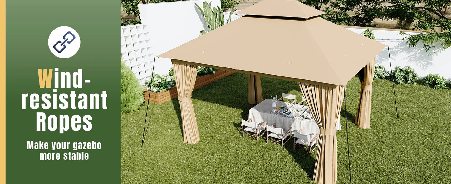 10x12 Outdoor Metal Gazebo with Double Roof & Mosquito Netting