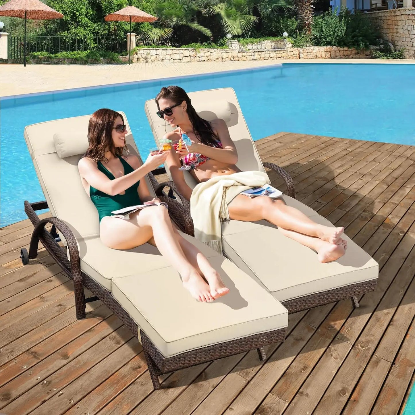 Outdoor Cushion Wicker Chaise Lounge Set