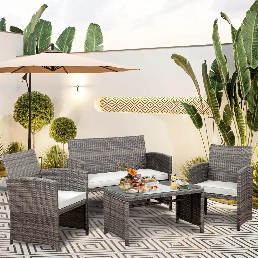 Multi-Piece Rattan Patio Conversation Set with Glass Table