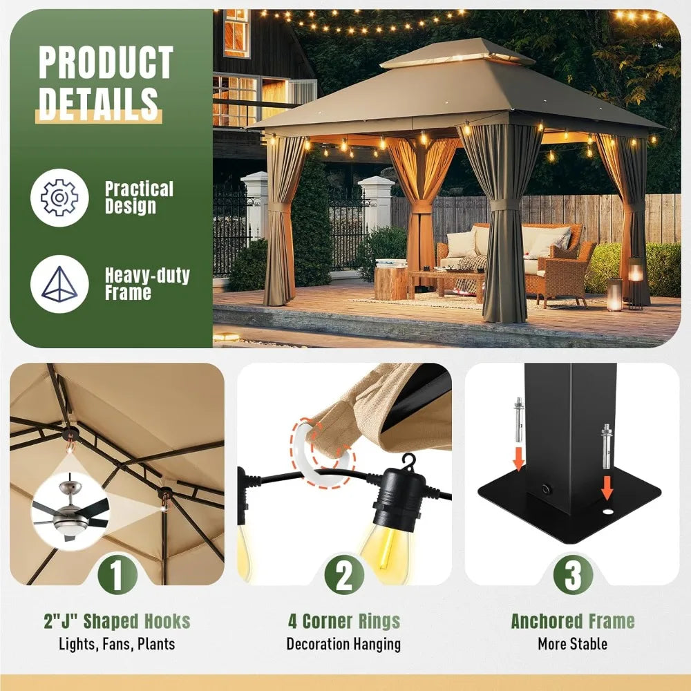 10x12 Outdoor Metal Gazebo with Double Roof & Mosquito Netting