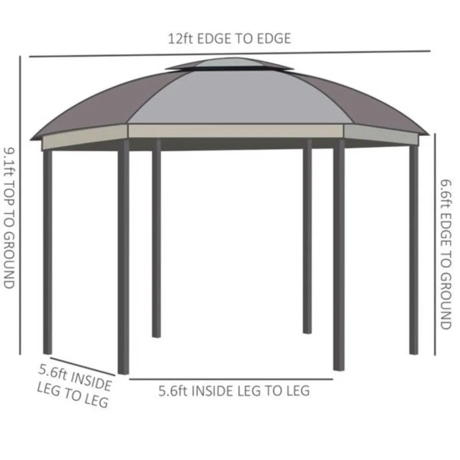 12ft Round Patio Dome Gazebo with Double Roof & Curtains