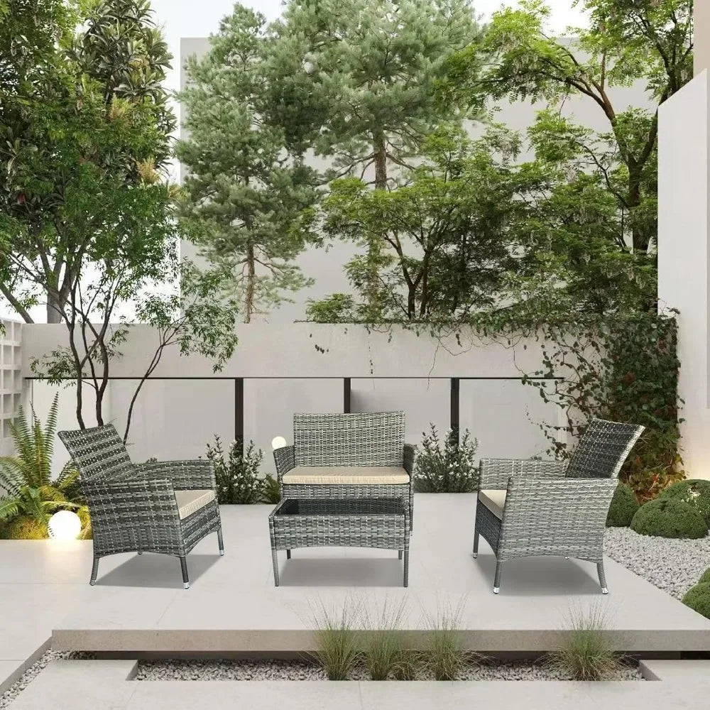 4-Piece Gray Wicker Patio Set with Sofa, Chairs & Side Table