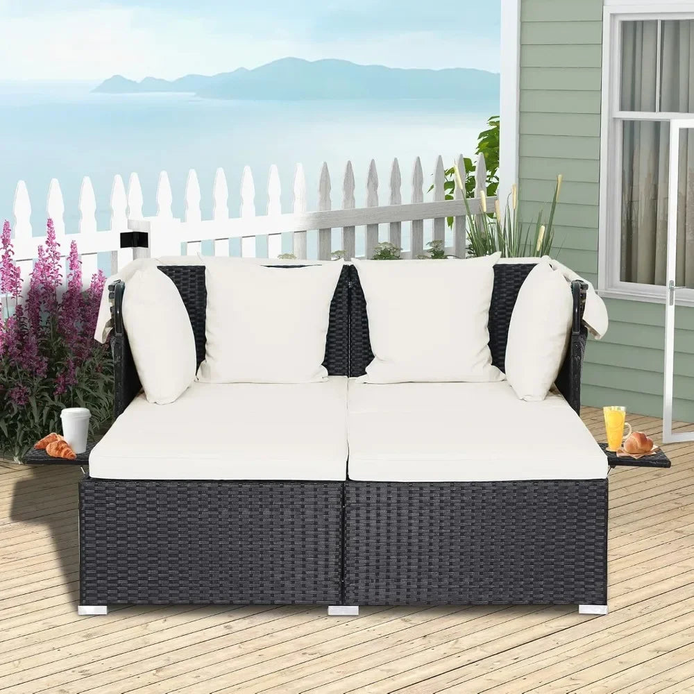 2-Person Wicker Outdoor Daybed with Canopy & Side Trays
