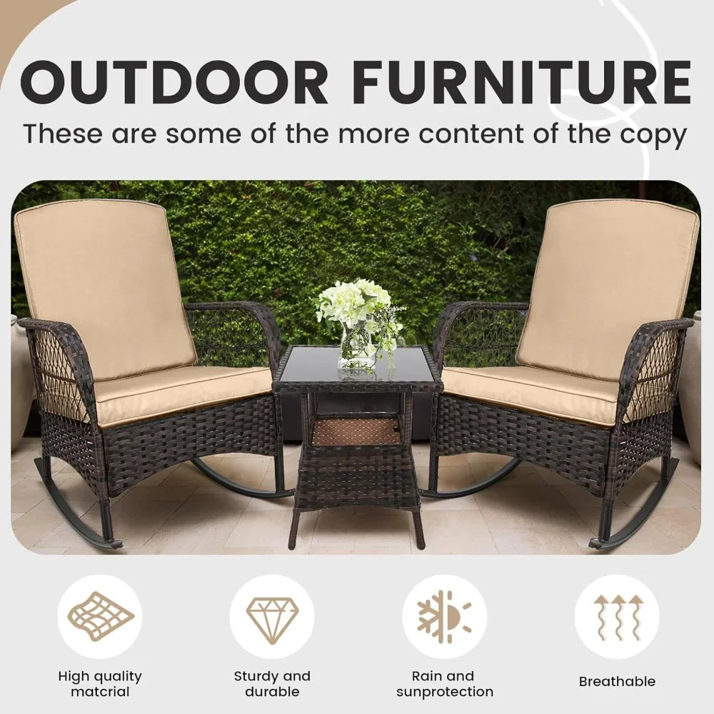 3 pcs Rocking Bistro Set Conversation Chairs PE Wicker Outdoor Chairs