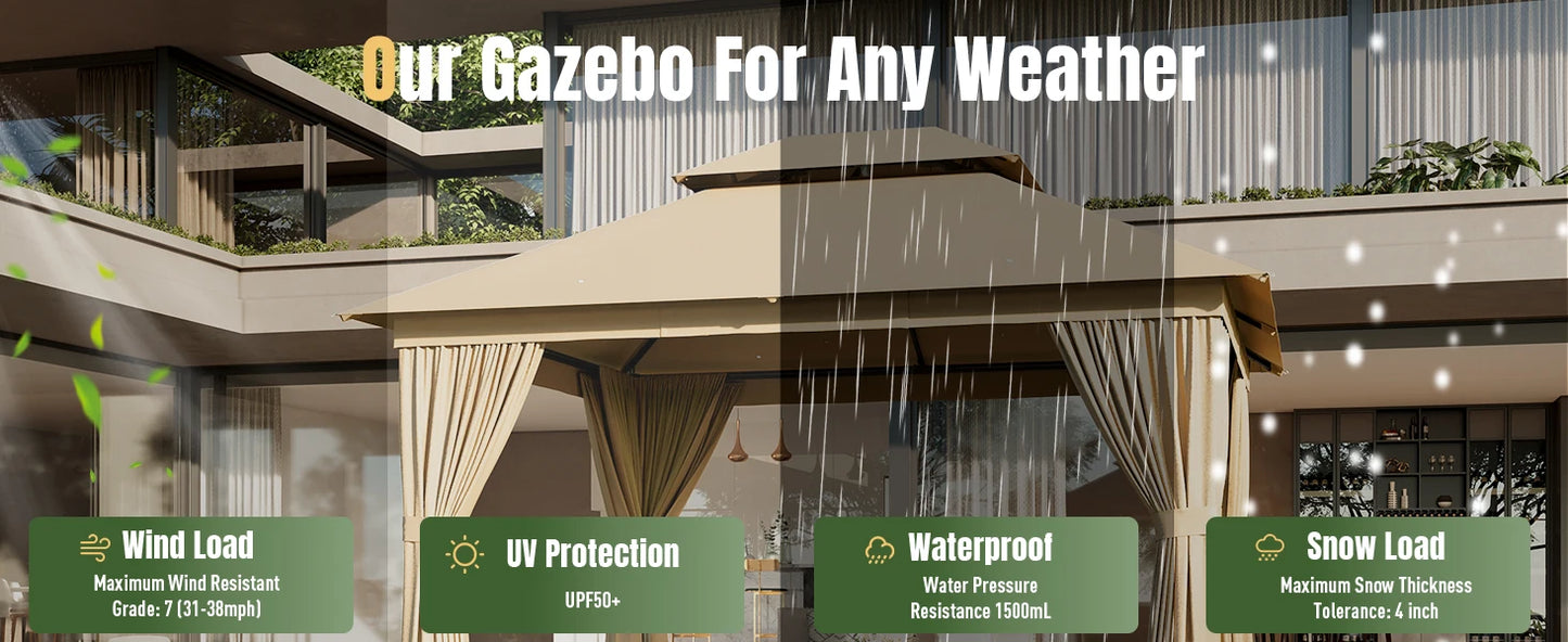 10x12 Outdoor Metal Gazebo with Double Roof & Mosquito Netting