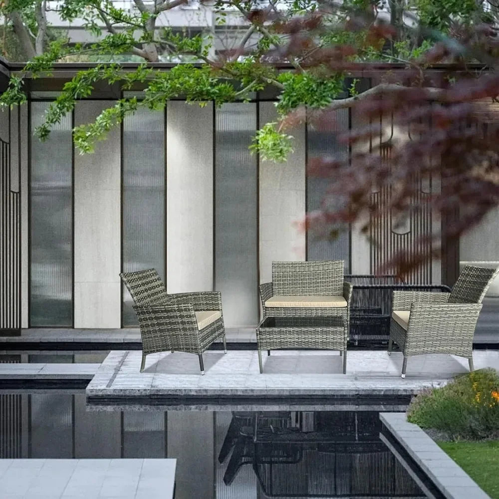 4-Piece Gray Wicker Patio Set with Sofa, Chairs & Side Table