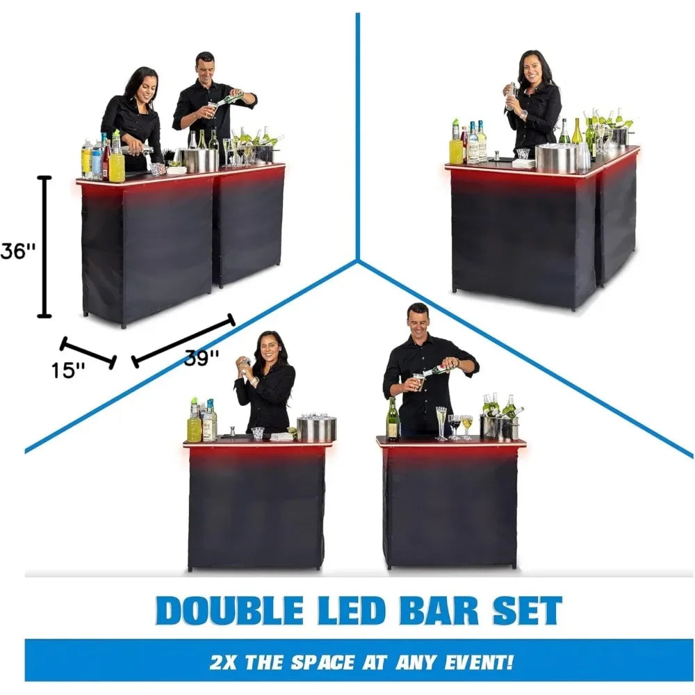 Portable Double Bar Table Set with Multi-Color LED Lights with Carrying Case