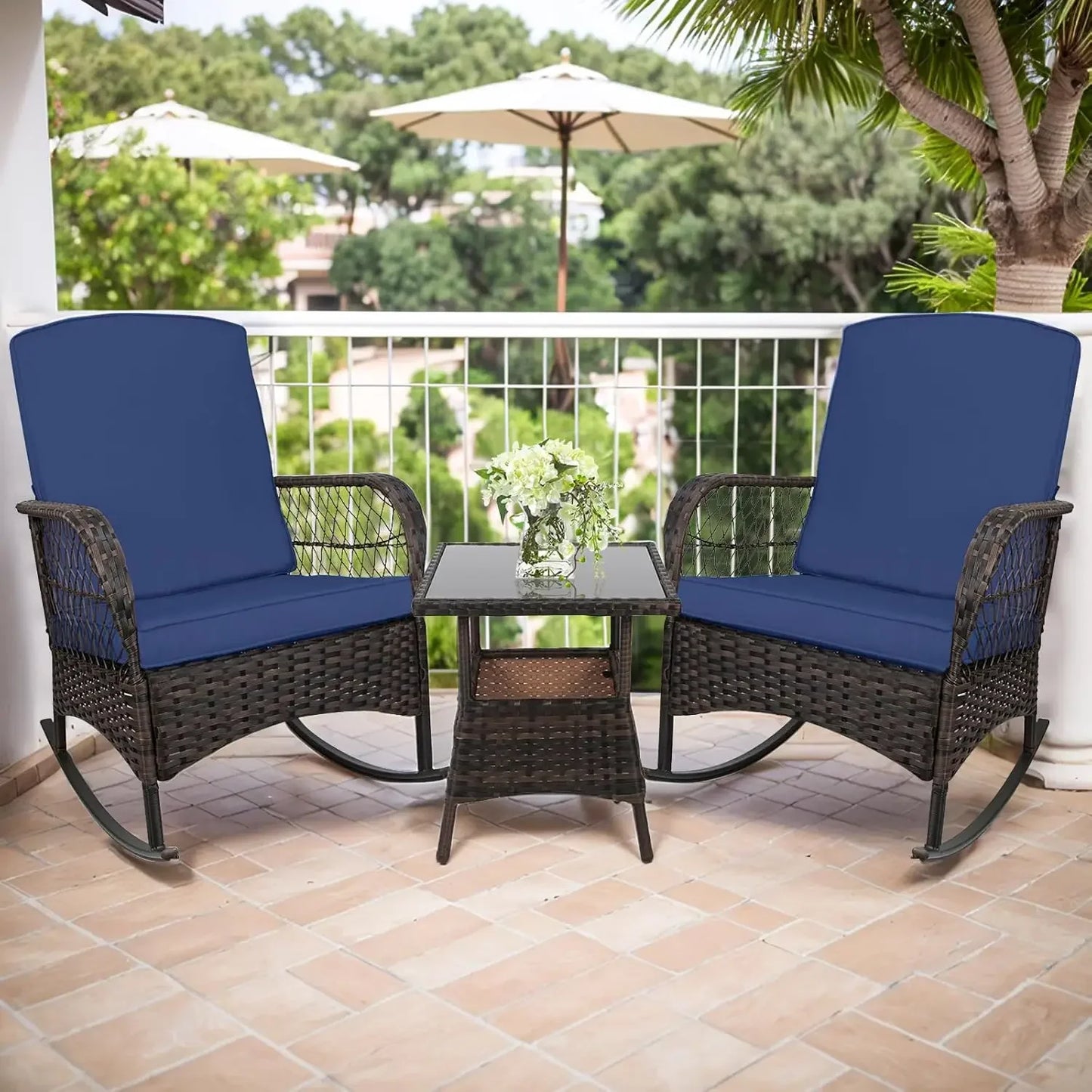 3 pcs Rocking Bistro Set Conversation Chairs PE Wicker Outdoor Chairs