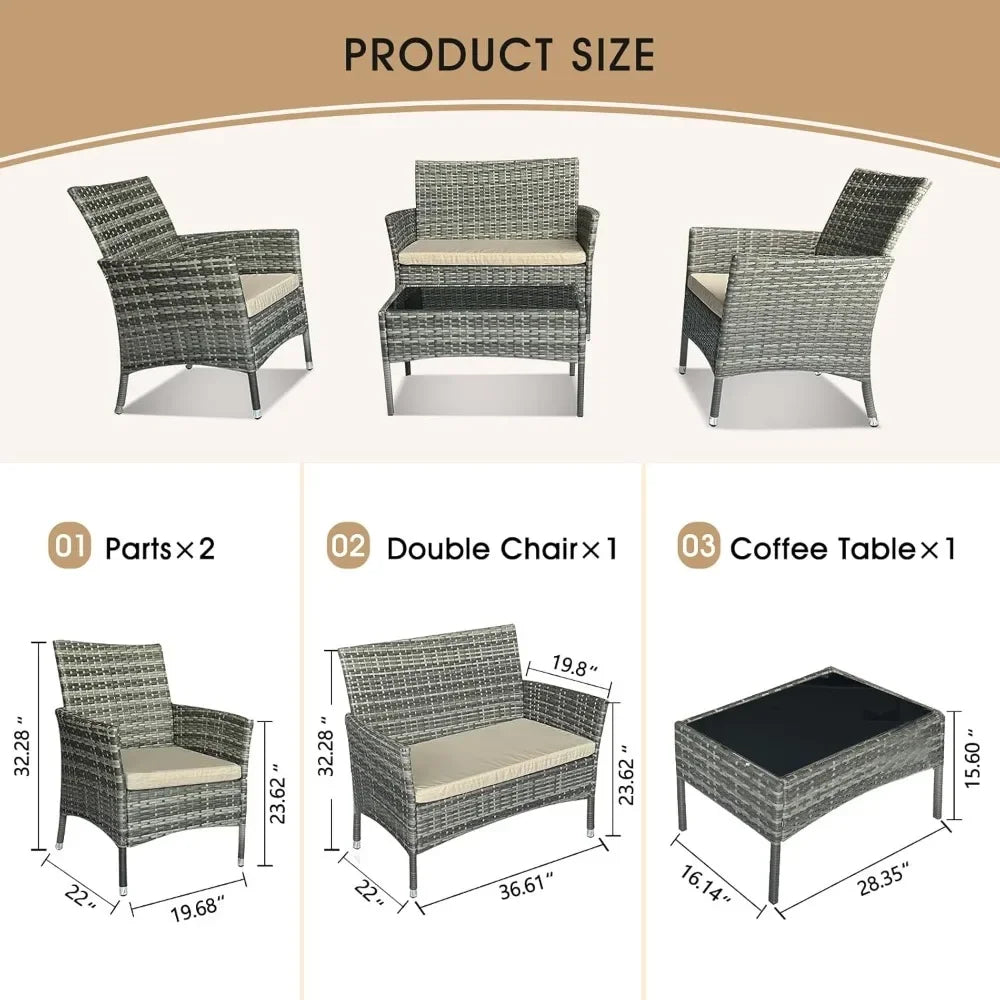 4-Piece Gray Wicker Patio Set with Sofa, Chairs & Side Table