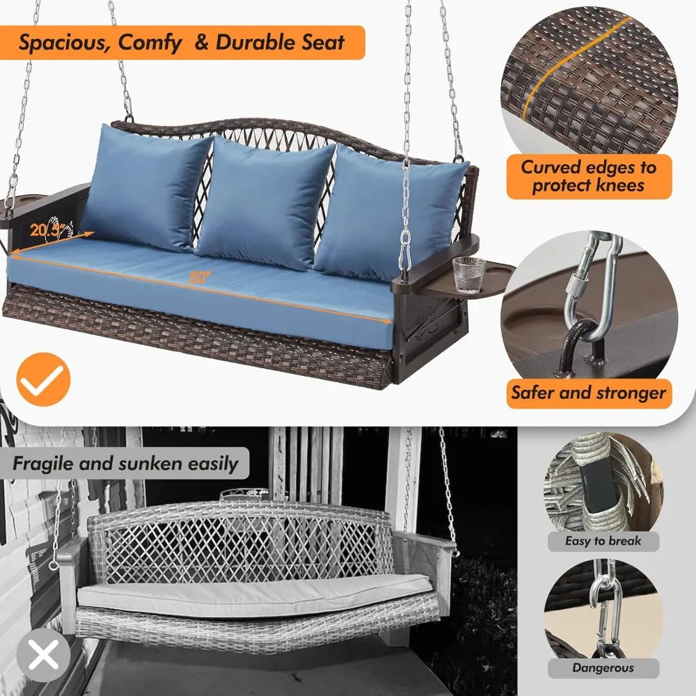 3-Seat Wicker Hanging Porch Swing with Chains (900 lbs Capacity)