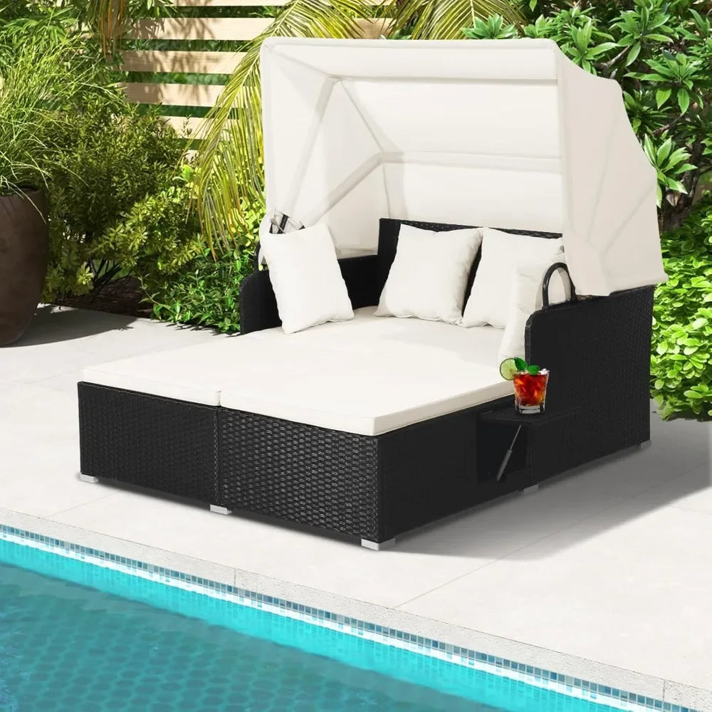 2-Person Wicker Outdoor Daybed with Canopy & Side Trays