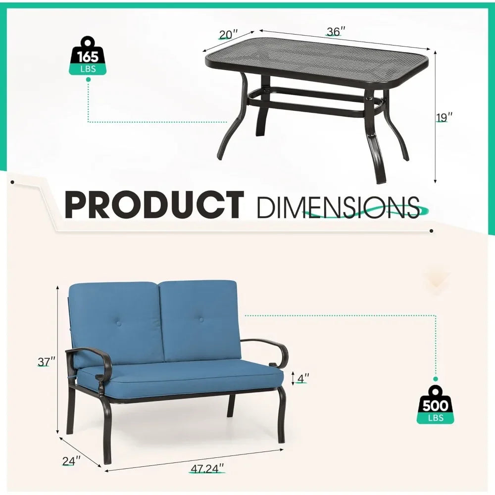 2-Piece Wrought Iron Patio Loveseat Set with Coffee Table
