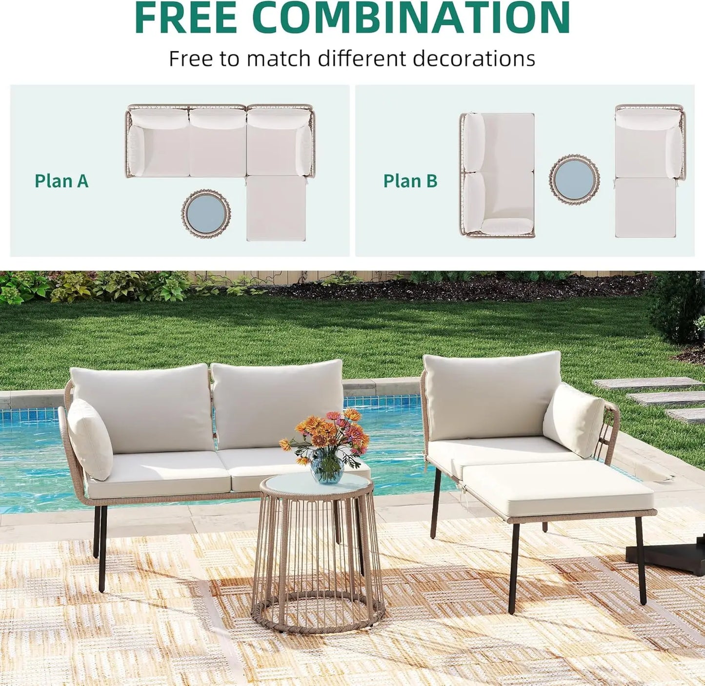 3-Piece Outdoor Wicker L-Shaped Sectional Sofa (4-Seater)