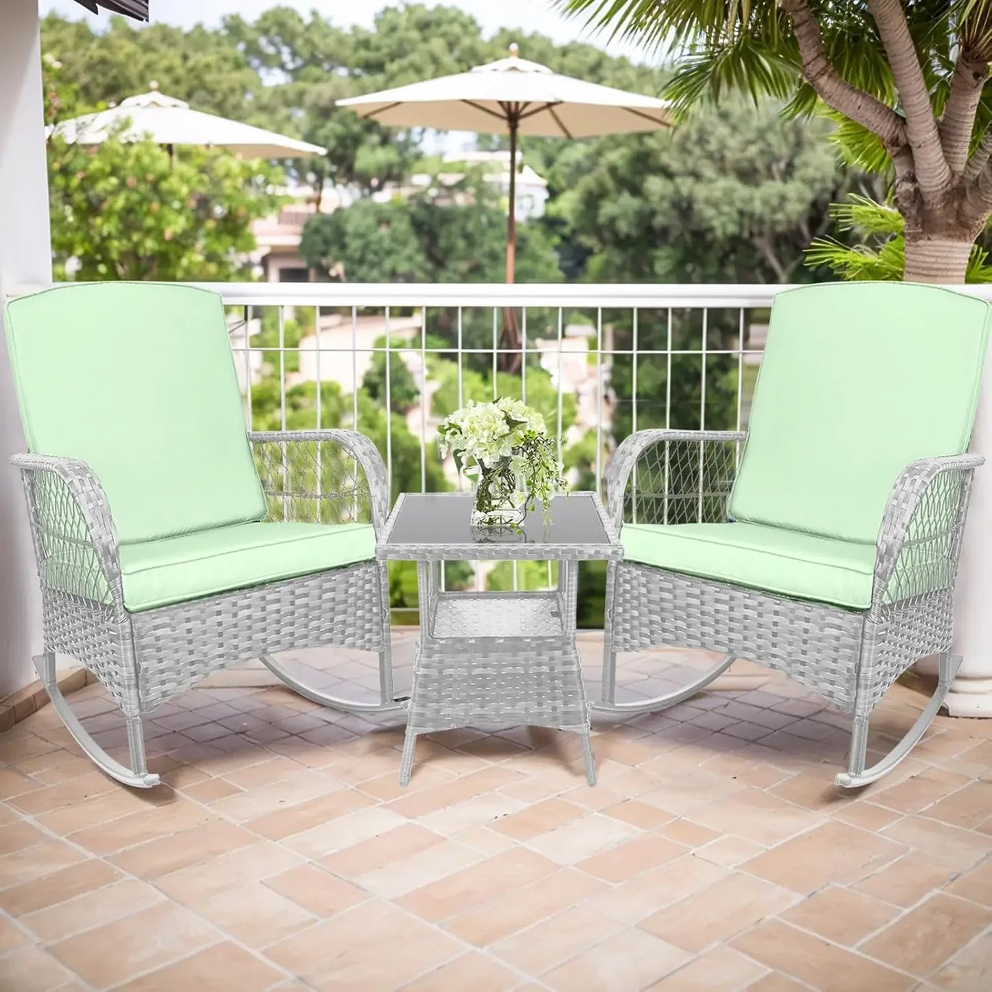 3 pcs Rocking Bistro Set Conversation Chairs PE Wicker Outdoor Chairs