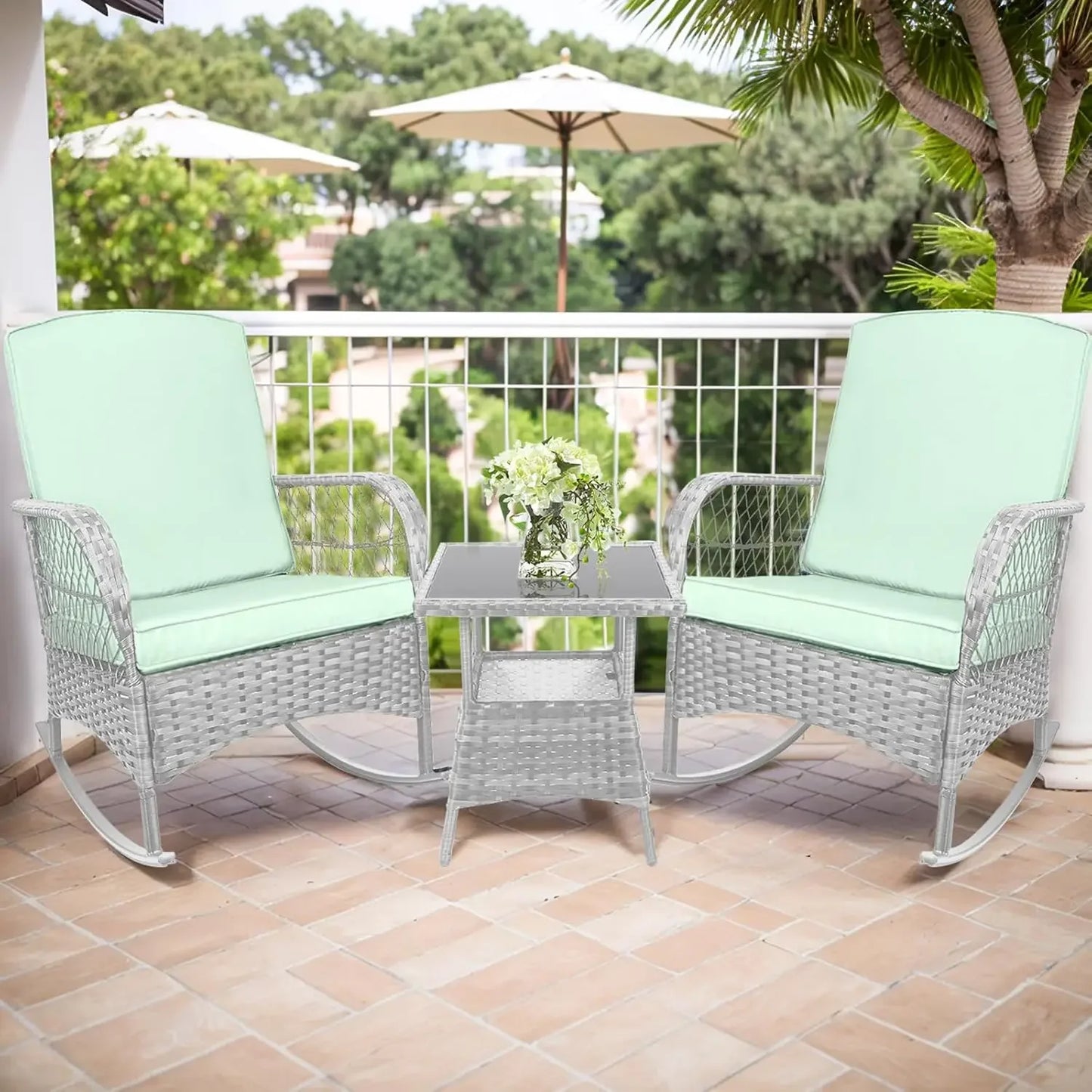 3 pcs Rocking Bistro Set Conversation Chairs PE Wicker Outdoor Chairs